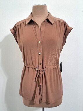 En Focus Studio Women's Top Button up Drawnstring Waist Brown Size L NWT